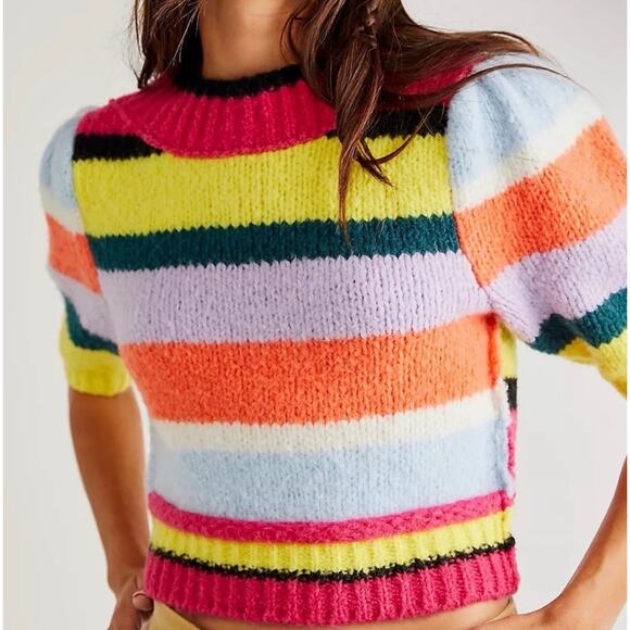 Free People Sweaters - Free People / Foxy Stripe Puff Sleeve Cropped Wool Blend Sweater / sz L